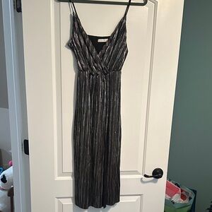 Lush Metallic Black Pleated Midi Dress
